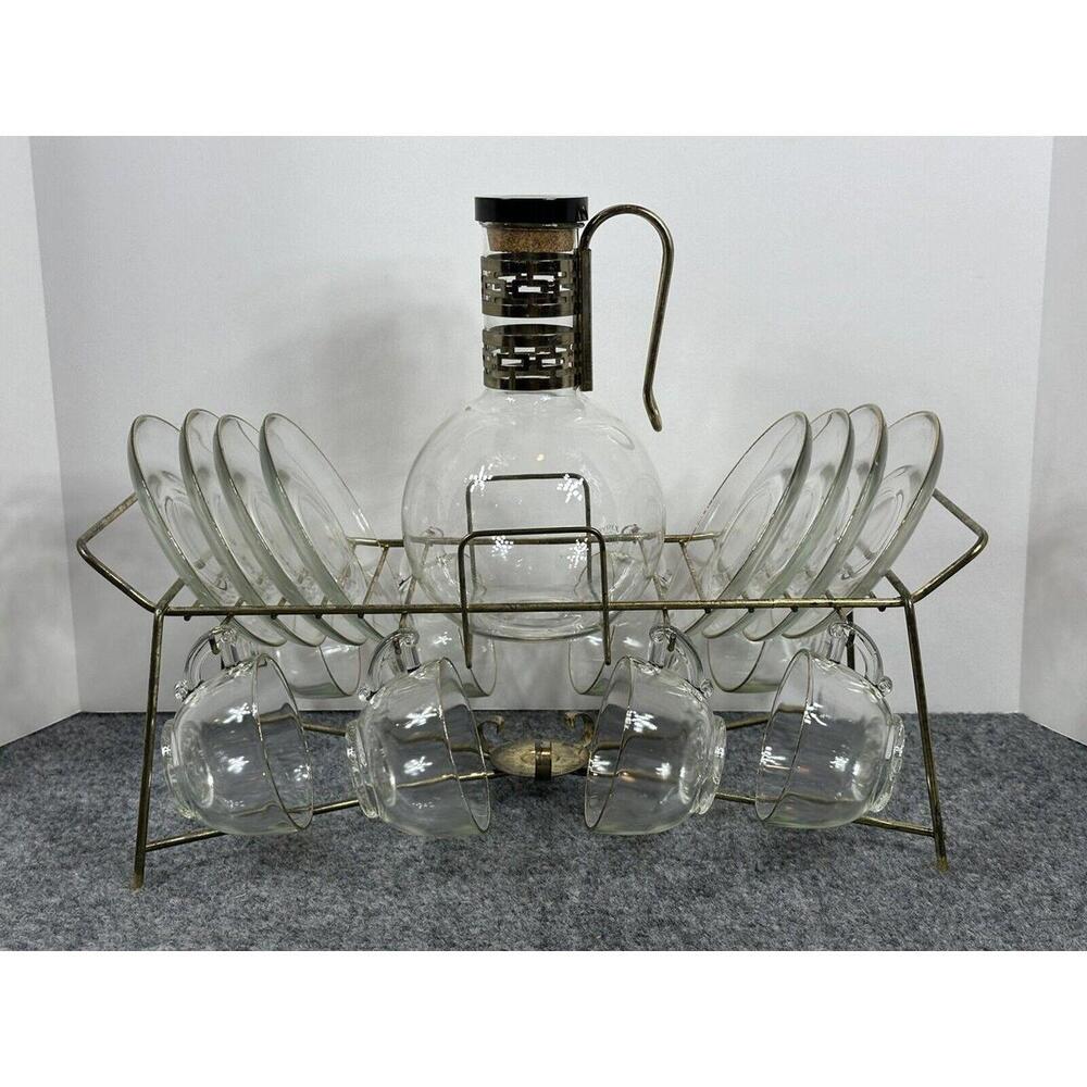 Vintage 8 Cup Carafe Set Tea Coffee 8 Cups And Saucers Warming Service Rack MCM